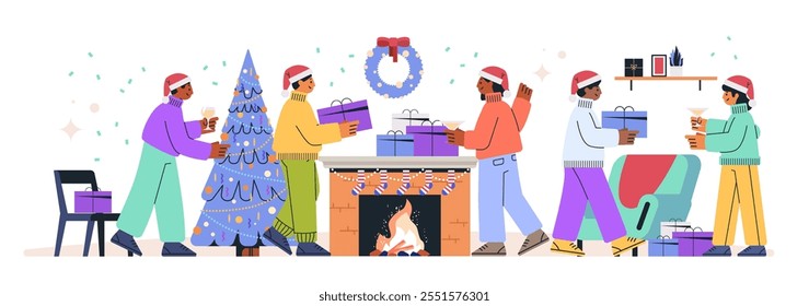 Christmas celebration with friends exchanging gifts festive scene with decorated tree fireplace and stockings cozy atmosphere holiday party theme