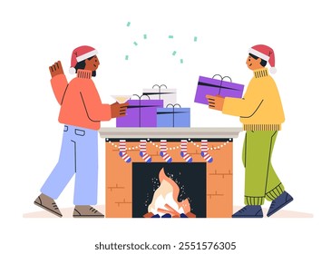 Christmas celebration friends exchanging gifts by fireplace festive atmosphere colorful presents holiday decor cozy winter scene home interior