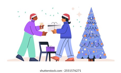 Christmas celebration gift exchange festive scene. Two people with presents near a decorated tree wearing Santa hats. Bright colors and cheerful atmosphere