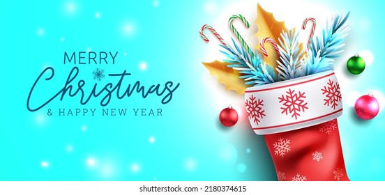 Celebración navideña de bienvenida al diseño vectorial. Feliz Navidad texto con navidad medias rojas en el patrón de copos de nieve para la temporada navideña. Ilustración vectorial.
