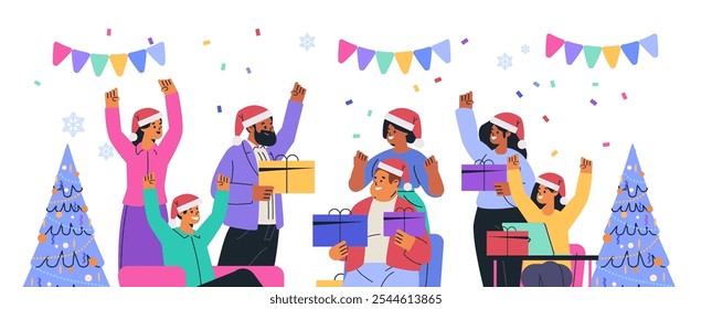 Christmas celebration group exchanging gifts festive scene with people in Santa hats confetti and decorated trees vibrant colors holiday party concept