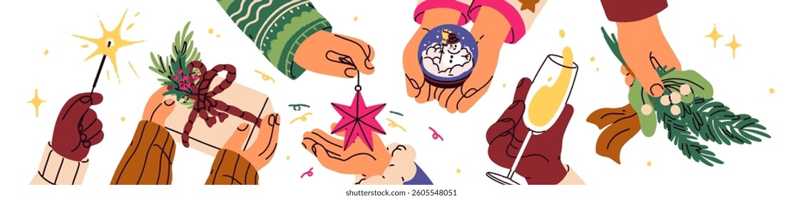 Christmas celebration with hands holding festive gift, champagne, sparkler, bauble. People celebrating winter holiday party, happy New Year. Flat vector illustration isolated on white background.