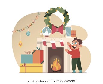 Christmas celebration. Happy boy at fireplace, decorated for Christmas. Child checking christmas stockings. Family spending time together on winter holidays. Flat vector illustration