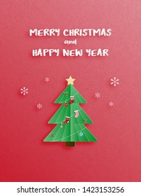 Christmas celebration and happy new year greeting or invitation card in paper cut style with Christmas tree with decoration and falling snow flakes on red background. Vector illustration.