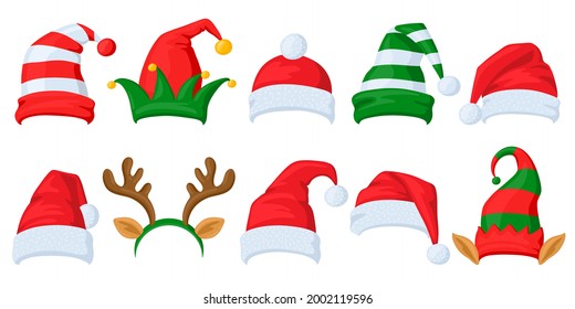 Christmas celebration hats. Cartoon Santa Claus, elf and reindeer horns masquerade hats vector illustration set. Xmas holiday celebration hats. Christmas holiday santa claus cap, reindeer cartoon