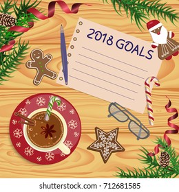 Christmas celebration with hot cocoa or coffee and gingerbread cookies. Xmas theme top view on wooden table background. Vector illustration eps 10