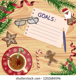 Christmas celebration with hot coffee and gingerbread cookies. Somebody writes goals and promises for next year. Xmas theme top view on white table background. Vector illustration eps 10