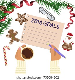 Christmas celebration with hot coffee and gingerbread cookies. Somebody writes goals 2018. Xmas theme top view on white table background. Vector illustration eps 10