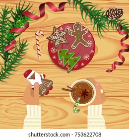 Christmas celebration with hot coffee and gingerbread cookies. Xmas theme top view on wooden table background. Vector illustration eps 10