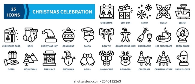 Christmas Celebration icon collection set. Containing christmas, gift box, snow, sleigh, christmas card, christmas hat, santa, candy cane icon. Simple black outline vector.