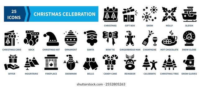 Christmas Celebration icon collection set. Containing christmas, gift box, snow, sleigh, christmas card, christmas hat, santa, candy cane icon. Simple black fill vector.