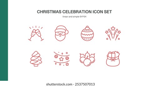 Christmas Celebration Icon Set. Thin Line Illustrations of Champagne, Festive Holiday Cheers, Santa Claus, Fireworks, Gifts, Ornaments, and Festive Decorations for Holiday Events
