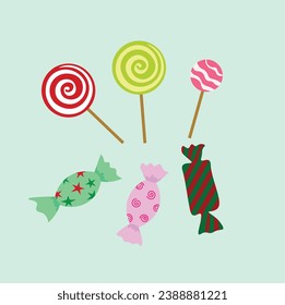 Christmas and celebration illustration flat vector in cartoon style. Colorful candy. Lollipop. Confectionary For Christmas and celebration cards, banners, tags, labels, background.