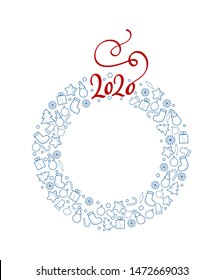 Christmas celebration illustration with new year and christmas symbols and 2020. Xmas wreath with place for text. flyer made in trendy monoline style