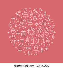 Christmas celebration illustration with new year and christmas symbols. Christmas flyer made in trendy monoline style.