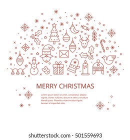 Christmas celebration illustration with new year and christmas symbols. Christmas flyer made in trendy monoline style.