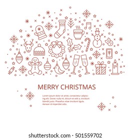 Christmas celebration illustration with new year and christmas symbols. Christmas flyer made in trendy monoline style.