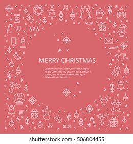 Christmas celebration illustration with new year and christmas symbols. Christmas flyer made in trendy mono line style. Place for your text.