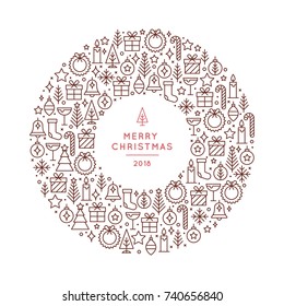 Christmas celebration illustration with new year and christmas symbols. Christmas flyer made in trendy mono-line style.