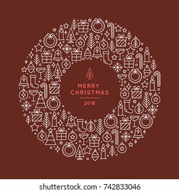 Christmas celebration illustration with new year and christmas symbols. Christmas flyer made in trendy mono-line style.