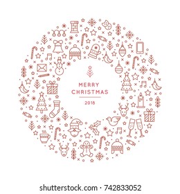 Christmas celebration illustration with new year and christmas symbols. Christmas flyer made in trendy mono-line style.