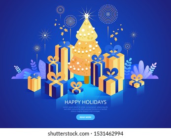 Christmas celebration landing page vector template. Happy holidays website homepage interface idea with isometric illustrations. Traditional december event, new year party web banner 3D concept