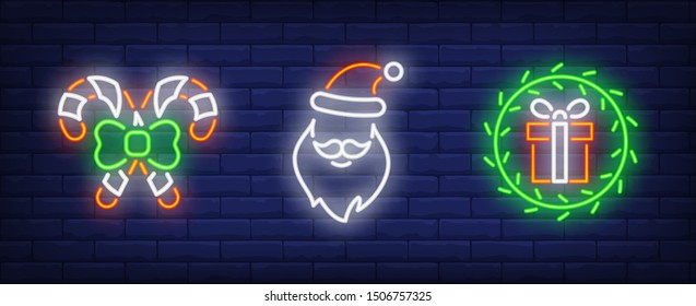 Christmas celebration neon sign set with candy canes, Santa Claus and wreath. Vector illustration in neon style for topics like Xmas gifts, decoration, eve
