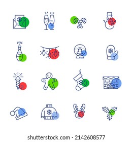 Christmas celebration and New Year party icons. Fireworks, fireplace stocking, reindeer and champagne. Pixel perfect, editable stroke fun vector