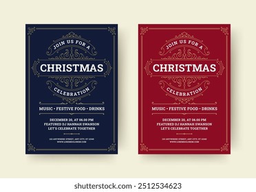 Christmas celebration night party retro luxury flyer design template set vector flat illustration. Xmas New Year classic red and blue invitation announcement poster flourish golden Victorian ornament