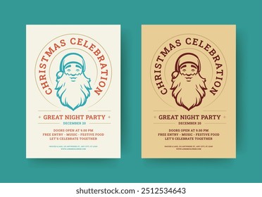 Christmas celebration night party retro flyer design template set vector flat illustration. Happy New Year Xmas event festival announce vintage advertising poster with bearded Santa Claus portrait