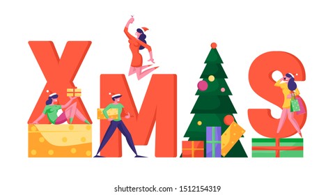 Christmas Celebration in Office Concept. Tiny Business People Dancing around Huge Xmas Typography Decorated with Gifts and Fir-tree Poster Banner Flyer Brochure. Cartoon Flat Vector Illustration