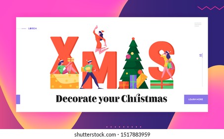 Christmas Celebration in Office Website Landing Page. Tiny Business People Dancing around Huge Xmas Typography Decorated with Gifts and Fir-tree Web Page Banner. Cartoon Flat Vector Illustration