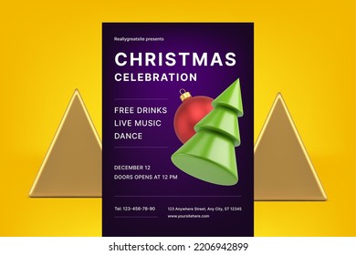 Christmas celebration party purple promo flyer template green spruce ball bauble realistic 3d icon vector illustration. Xmas disco music nightclub event violet decorative announcement poster design