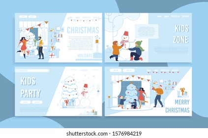 Christmas Celebration. Party Time Organization and Preparation for Winter Holidays. Goods for Home Decoration and Gifts Giving. Outdoors Activities for Children. Landing Page Set. Vector Illustration