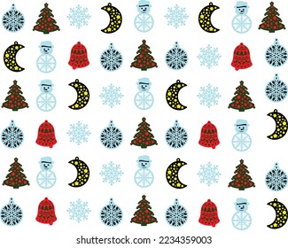 Patrón de celebración navideña, copo de nieve y patrón de árbol de navidad en el diseño de vectores de fondo blanco