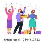 Christmas celebration people exchanging gifts festive confetti snowflakes colorful outfits holiday cheer website design