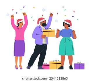 Christmas celebration people exchanging gifts festive confetti snowflakes colorful outfits holiday cheer website design