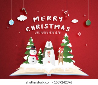 Christmas celebration poster in paper cut style. Digital craft paper art. Happy polar bear and deer and snowman on open book with red background and decoration.