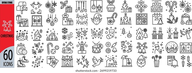 Conjuntos de iconos relacionados con la celebración de Navidad, una colección de iconos de Navidades con decoraciones, regalos y símbolos festivos, iconos de línea, Vector editable