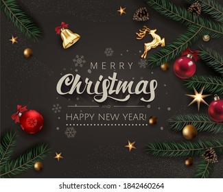 Christmas Celebration Rich Dark surface Background with Realistic Christmas Tree Branches, Fir Cones, Gold Stars and Red Christmas Ball. Greeting Card , Banner or Card Design Template