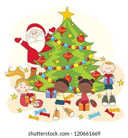 Christmas celebration. Santa and children. Hand drawing illustration