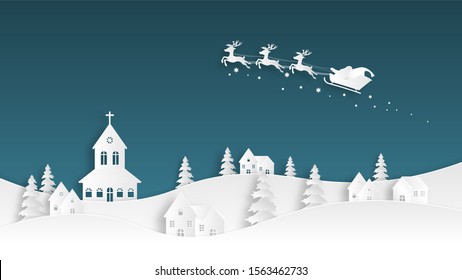 Christmas celebration. Santa Claus flying in the sky over village in paper cut style. Digital craft paper art background.