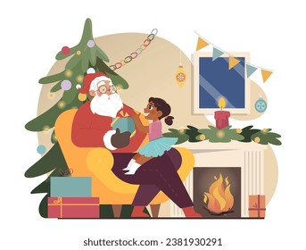 Christmas celebration. Santa Claus holding little black girl on his lap. Cheerful kid get a present on festive night. Winter holidays. Festive traditions. Flat vector illustration