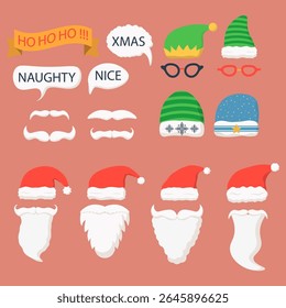 Christmas celebration with santa hat costume cartoon elf decoration graphic card cute red beard happy new year mask party horns deer illustration cap photo booth icon clipart


