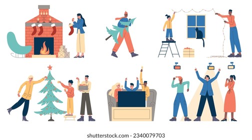 Christmas celebration scenes. Happy family preparing to New Year. Holiday party anticipation. People decorate room. Home event. Fireplace with gift socks. Vector Xmas