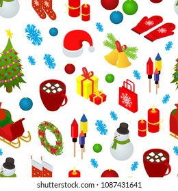 Christmas Celebration Seamless Pattern Background on a White 3d Isometric View for Web and App Include of , Bell, Tree, Candle, Sock and Mitten. Vector illustration
