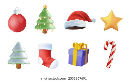 Christmas celebration set of 3D illustrations. Gift box, christmas sweet stick, christmas tree, candy cane, sock, santa hat. Realistic 3d illustrations isolated on white. Vector illustration