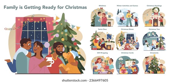 Christmas celebration set. Cheerful family members or friends having fun on festive night. People spending time together on winter holidays. Festive traditions. Flat vector illustration