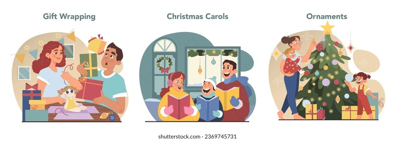 Christmas celebration set. Cheerful family members or friends having fun on festive night. People spending time together on winter holidays. Festive traditions. Flat vector illustration