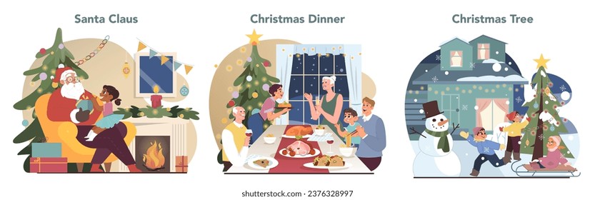Christmas celebration set. Cheerful family members or friends having fun on festive night. People spending time together on winter holidays. Festive traditions. Flat vector illustration